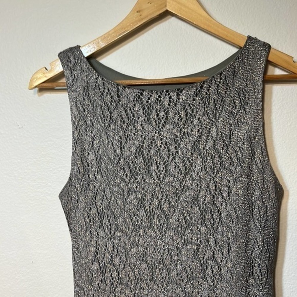 Vintage Be Smart Gray‎ Sheath Dress Crocheted With Gold Shimmer Lace Fringe - Picture 2 of 9